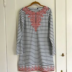Cabana Life Striped Keyhole Dress: White & Navy w/ Coral detailing Sz Small